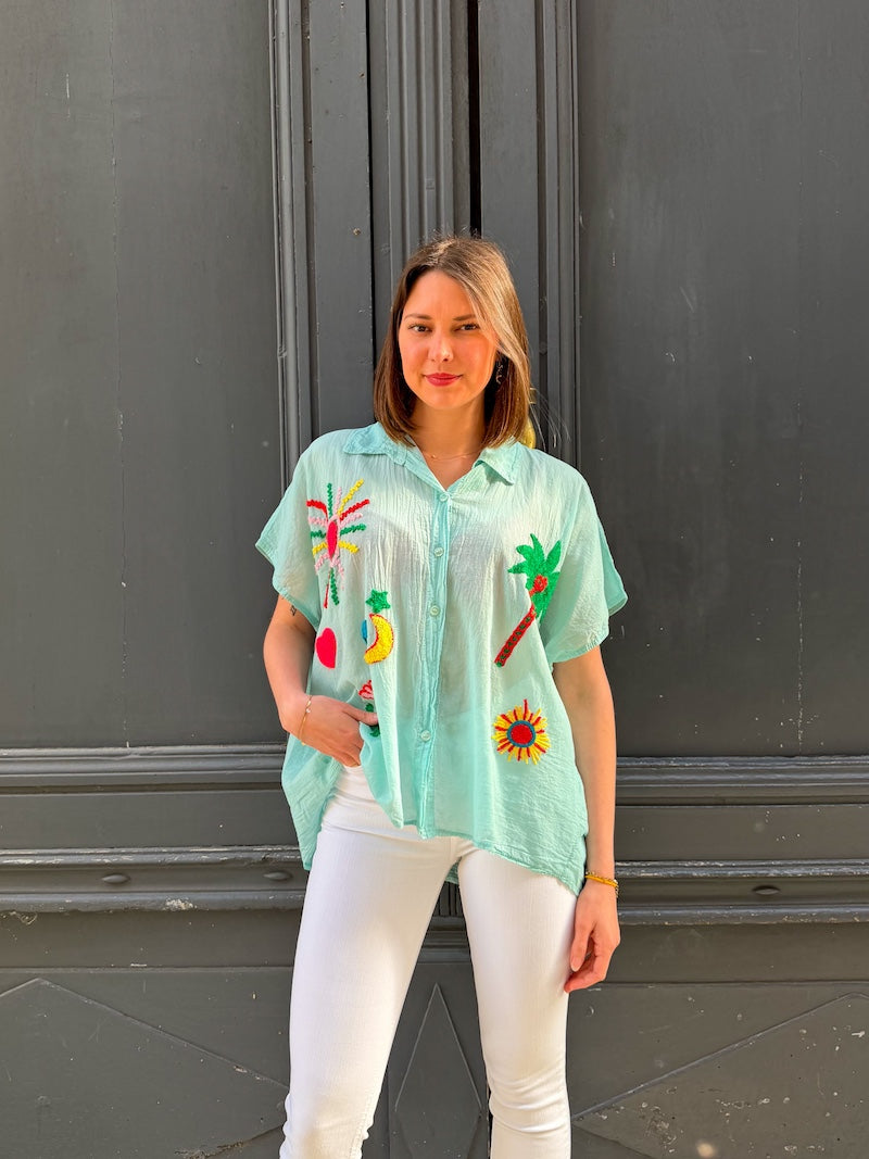 Blouse bohème chic oversize brodée - Palmier, soleil, étoile, coeur sacré