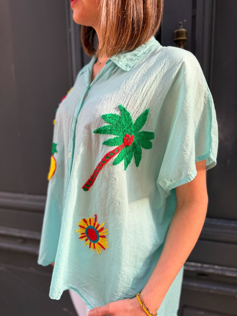 Blouse bohème chic oversize brodée - Palmier, soleil, étoile, coeur sacré