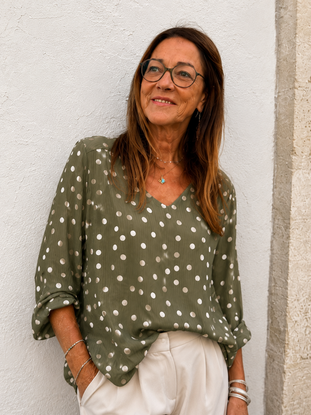 blouse tendance à petit pois kaki