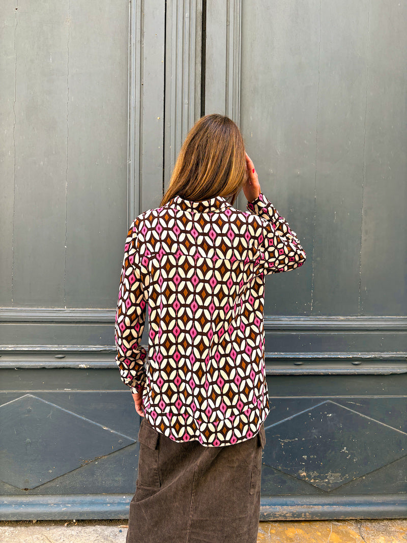 Chemise motif rétro vintage violet et marron