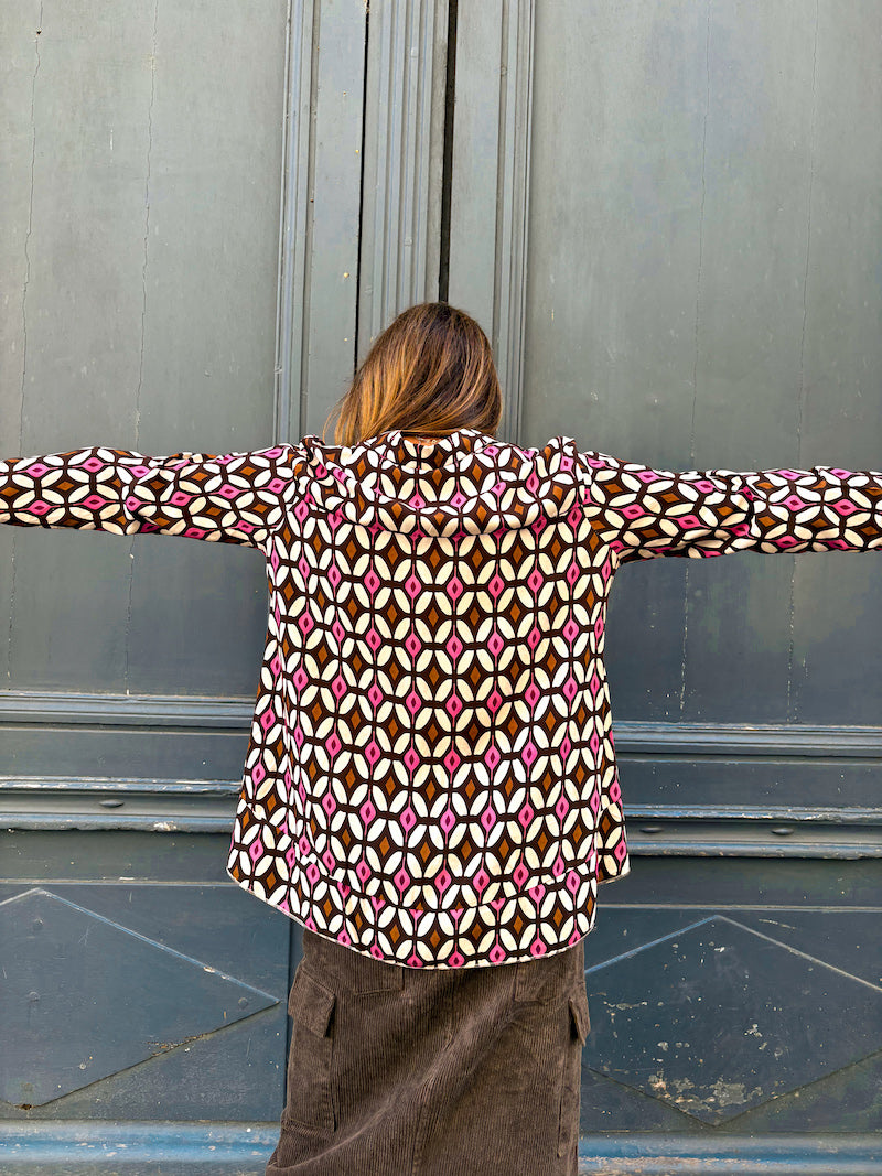 Chemise motif rétro vintage violet et marron