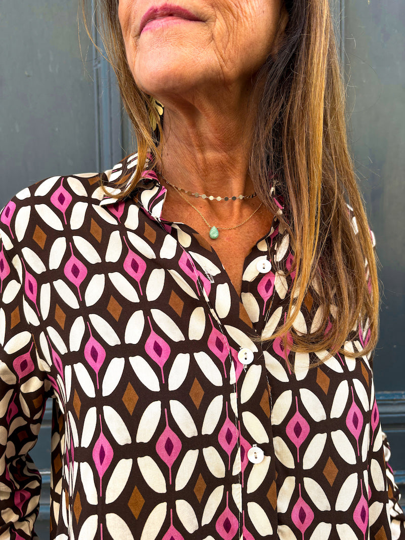 Chemise motif rétro vintage violet et marron
