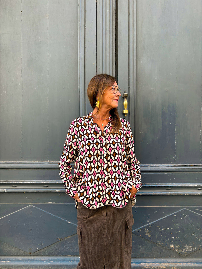 Chemise motif rétro vintage violet et marron