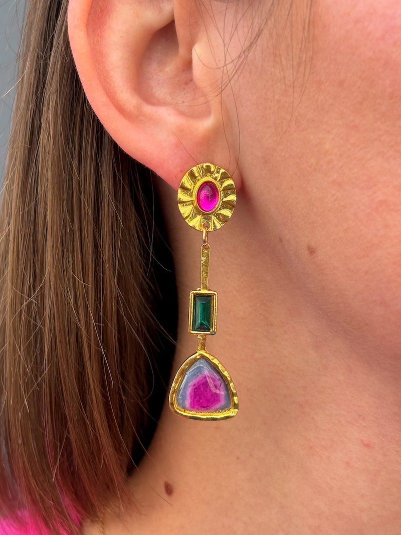 Boucles d'oreilles bohèmes roses et vertes