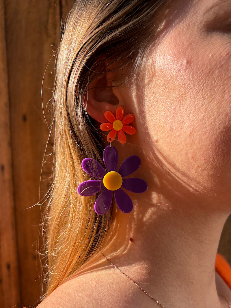 Boucles d'oreilles vintage fleurs violettes et oranges bohème