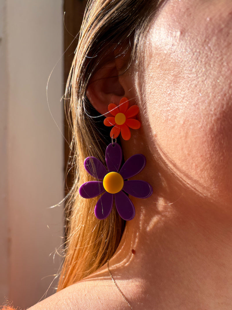 Boucles d'oreilles vintage fleurs violettes et oranges bohème