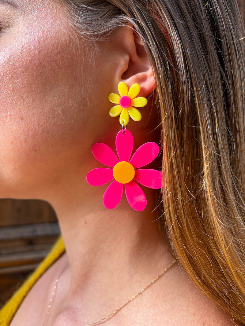 Boucles d'oreilles vintage à fleurs roses et jaunes