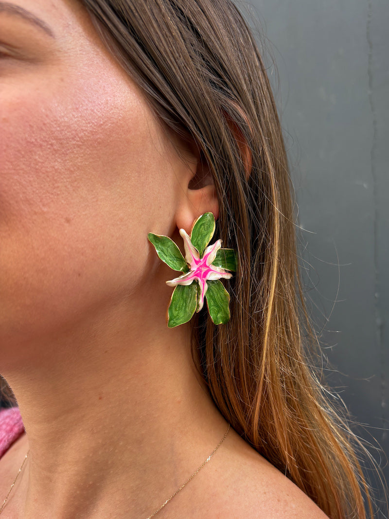 Boucles d'oreilles en acier fleurs vertes et roses