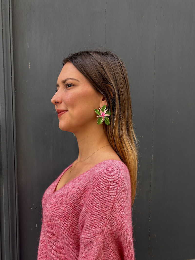 Boucles d'oreilles en acier fleurs vertes et roses