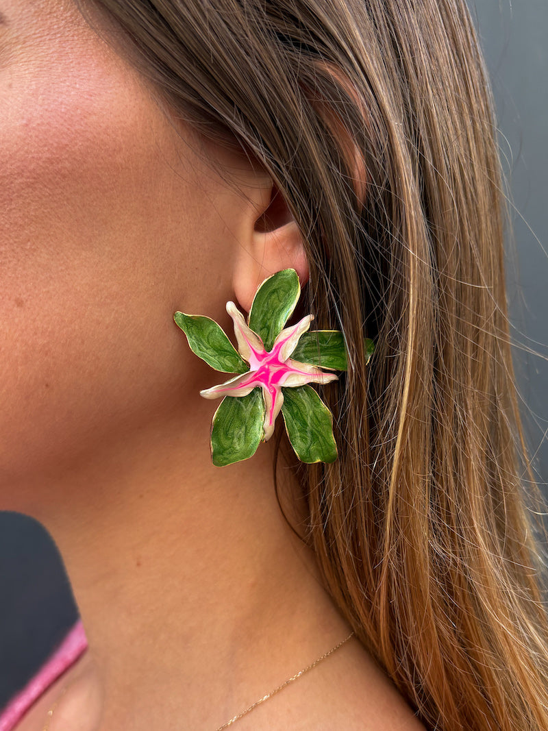 Boucles d'oreilles en acier fleurs vertes et roses