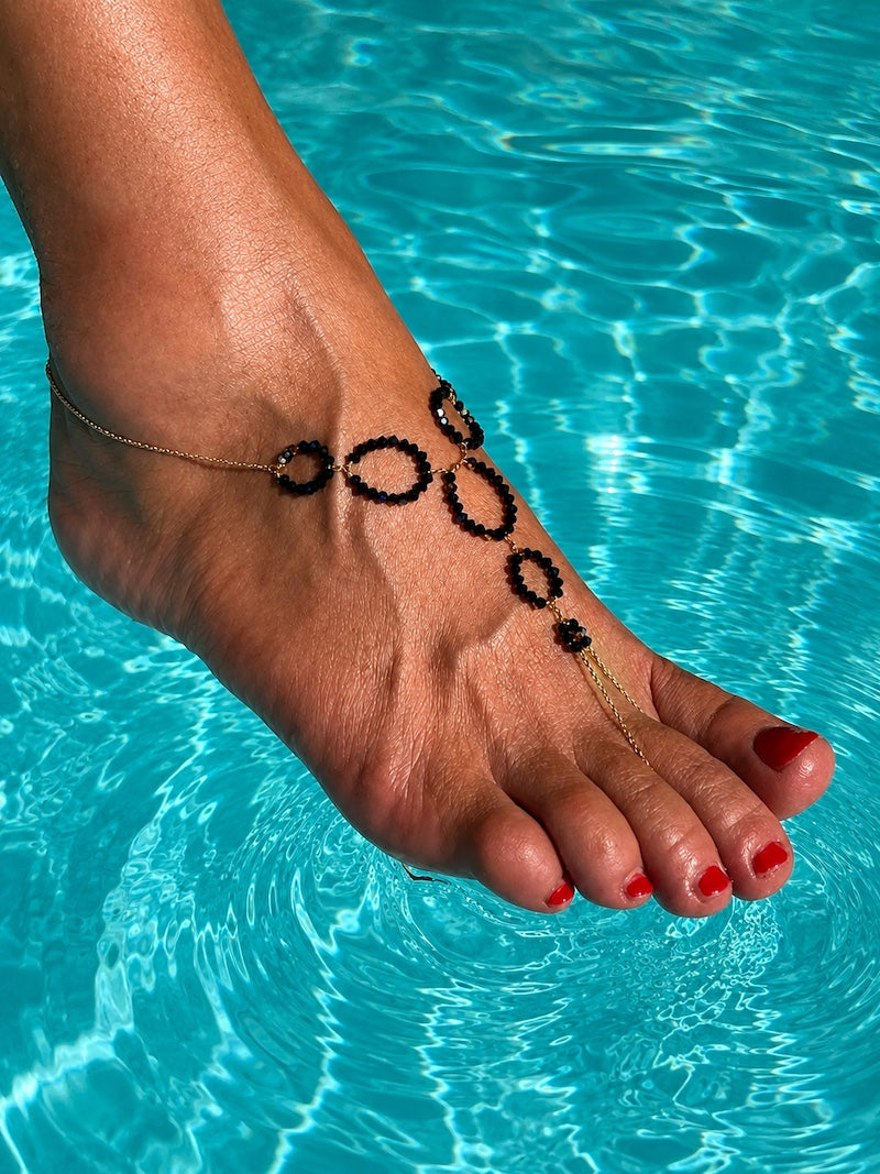 Bracelet de pied en cristal de Swarovski noir – Argent et plaqué or
