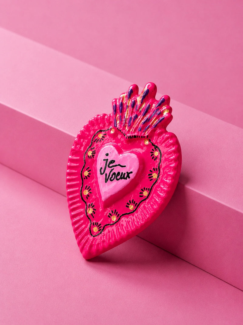 Broche cœur sacré ex-voto rose | Broche bohème fait main