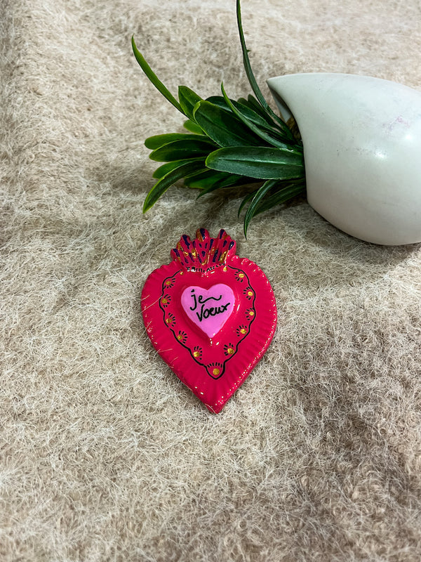 Broche coeur Ex-Voto rose "Je voeux" fait main