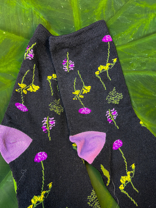 Chaussettes noires originales à imprimé fleurs violettes