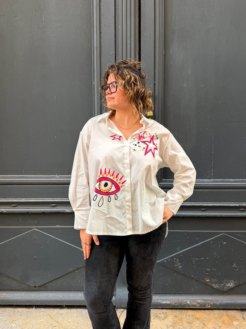 Chemisier blanc oversize motif bohème étoile - oeil sacré