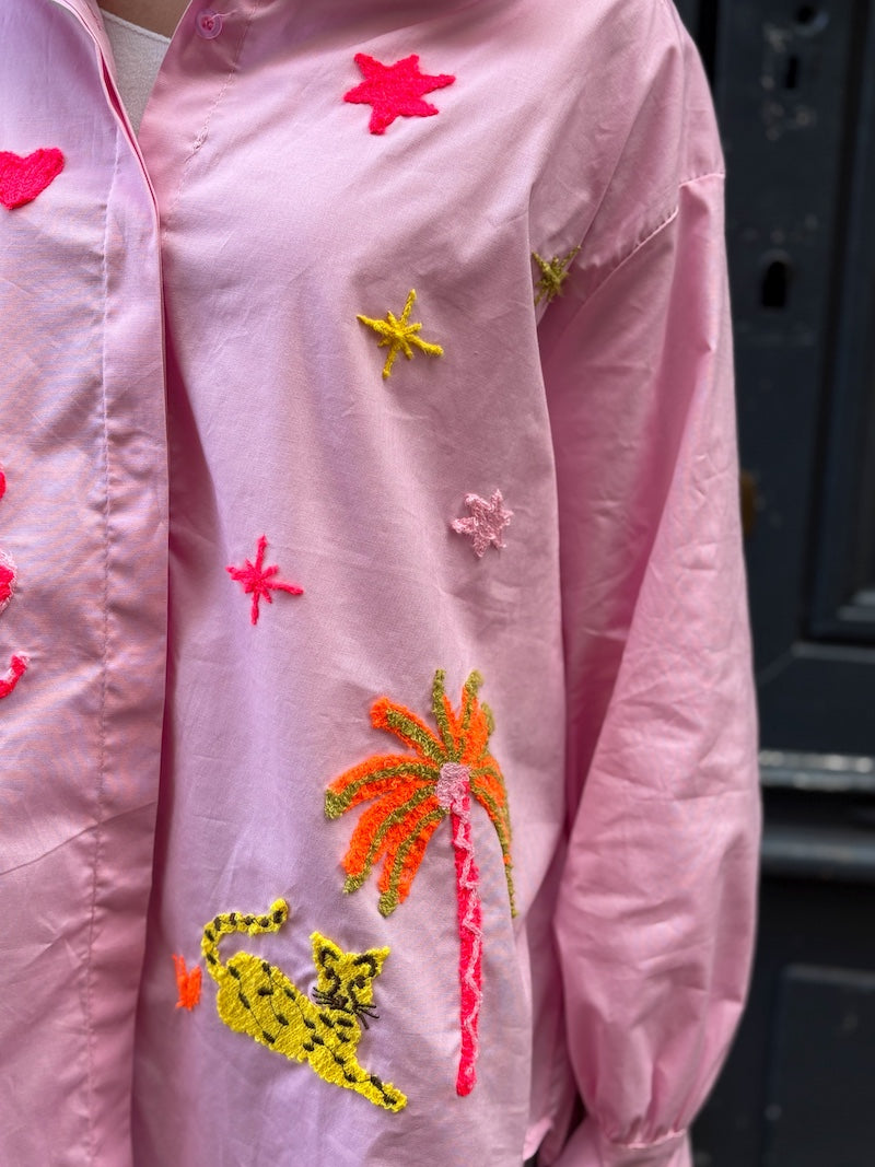 Chemisier oversize rose motifs bohèmes