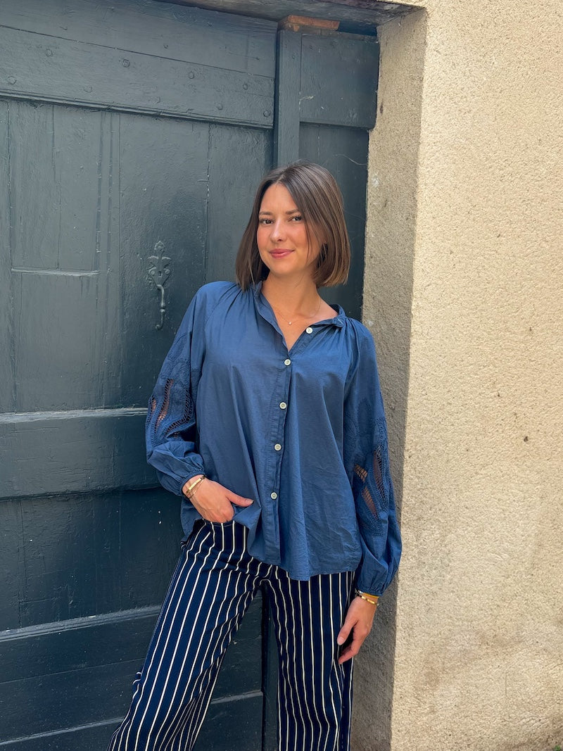 chemise oversize bleu marine boutonnée bohème chic pour femme