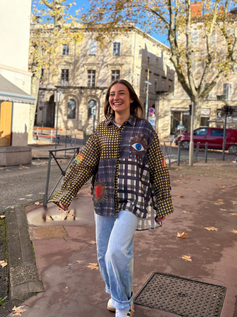 Chemisier ample bohème multicolore à carreaux