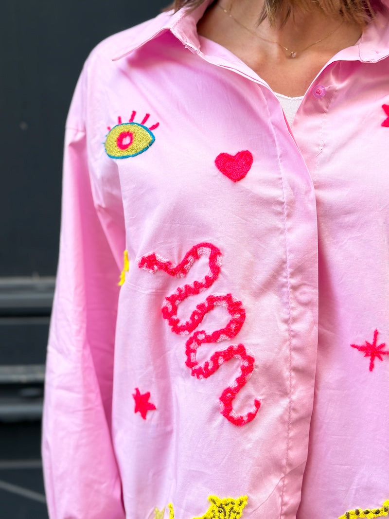 Chemisier oversize rose motifs bohèmes