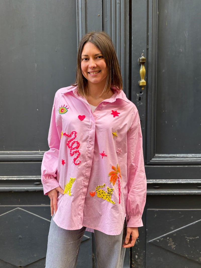 Chemisier oversize rose motifs bohèmes
