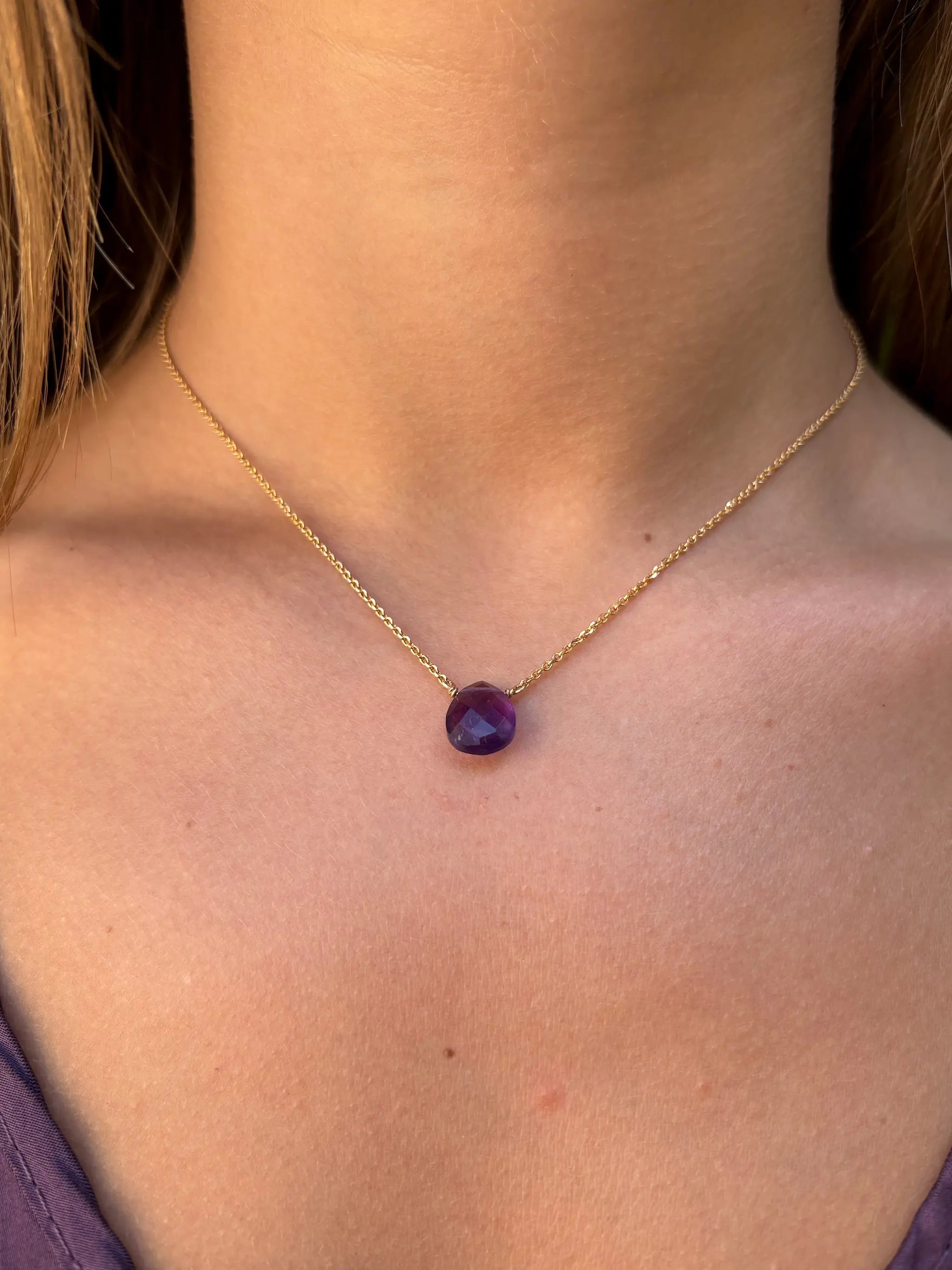 Collier femme en pierre précieuse améthyste et plaqué or