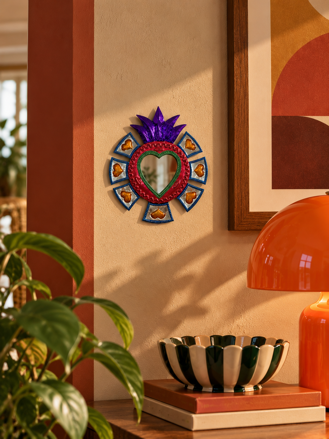 Ex-voto miroir Sacré-Cœur coloré en métal gaufré — Style Milagros