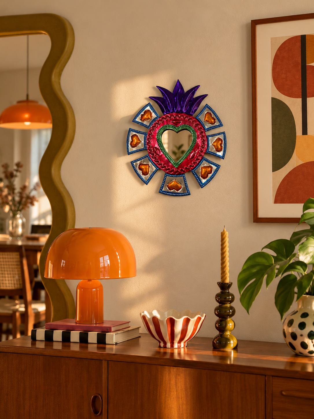 Ex-voto miroir Sacré-Cœur coloré en métal gaufré — Style Milagros