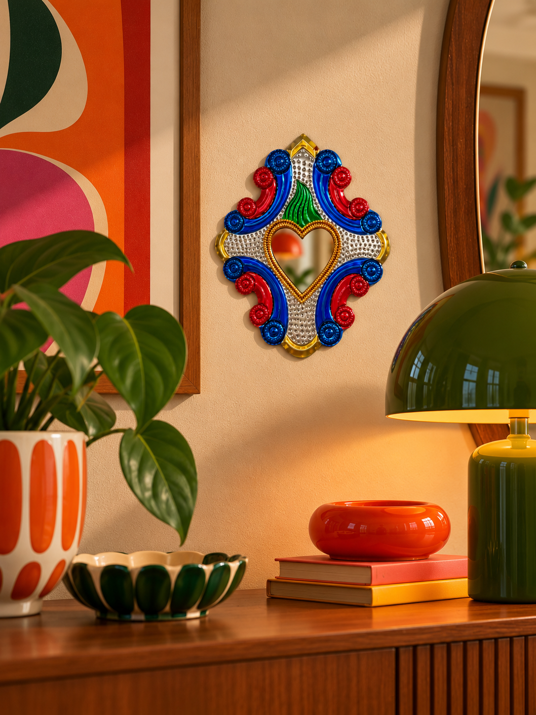 Ex-voto miroir Sacré-Cœur coloré en métal gaufré — Style Milagros