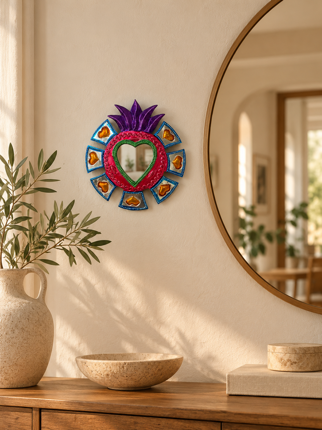 Ex-voto miroir Sacré-Cœur coloré en métal gaufré — Style Milagros