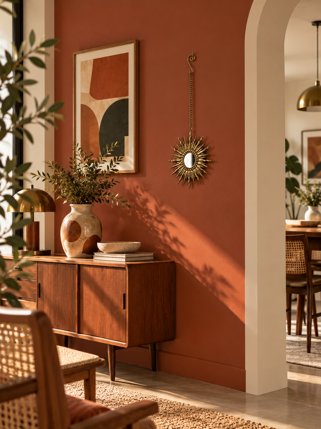 Miroir soleil suspendu en métal martelé — Style vintage & laiton antique