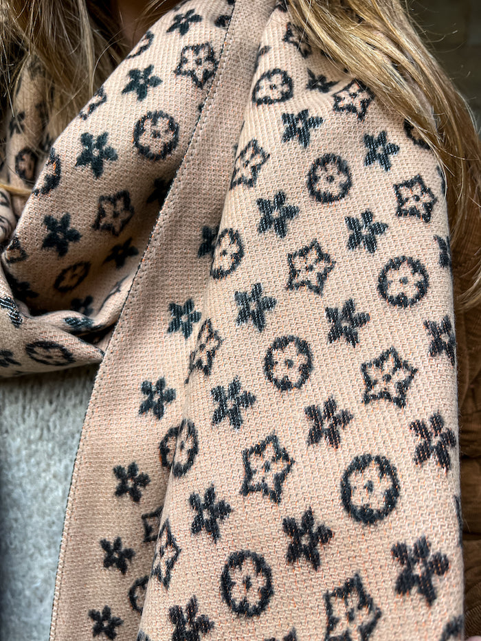 Écharpe à motif fleurs beige et noir en laine