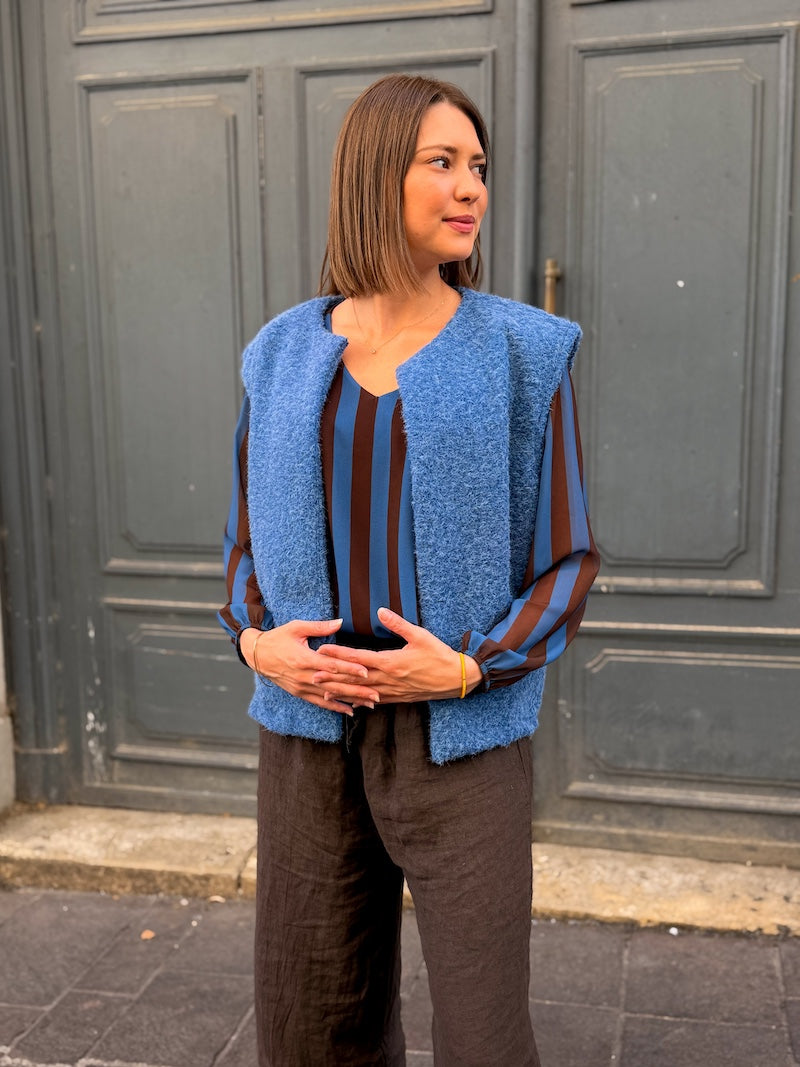 gilet sans manches bleu duveteux pour femme automne mi saison