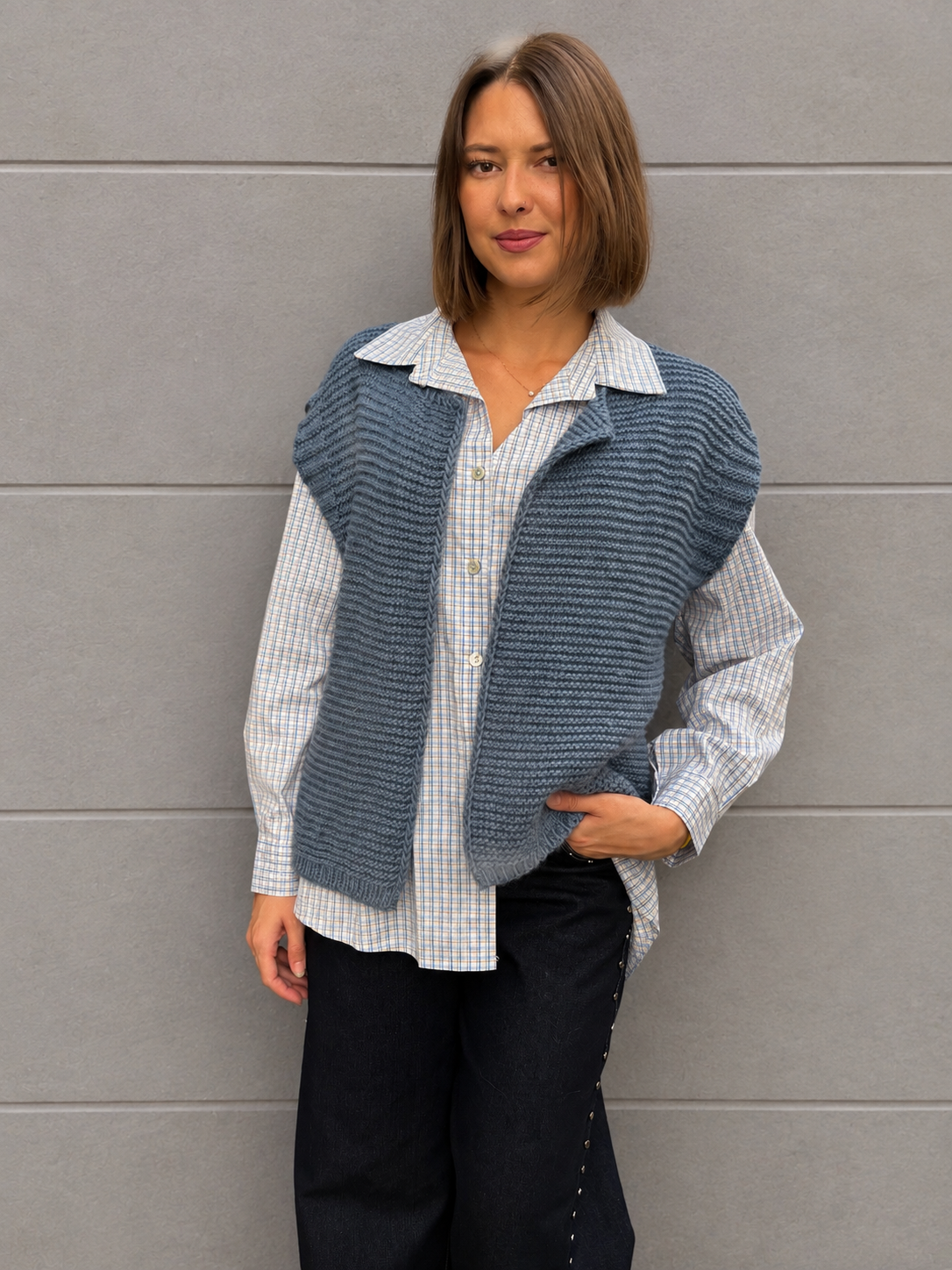 gilet mi saison bleu en crochet tendance pour femme