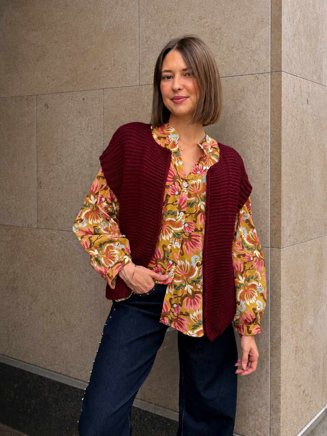 gilet sans manches en maille crochet bordeaux automne mi saison