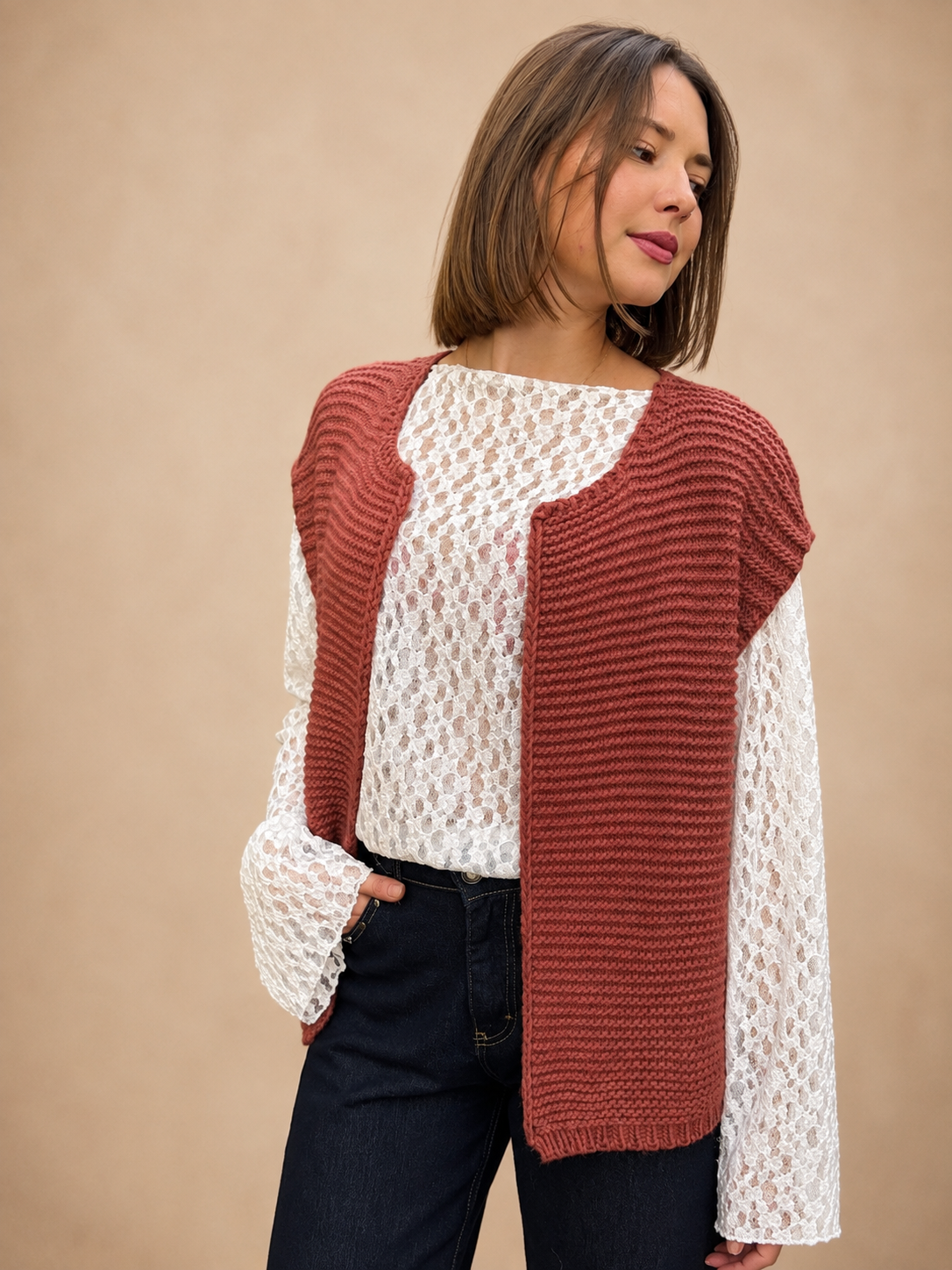 gilet sans manches terracotta en maille tendance pour femme