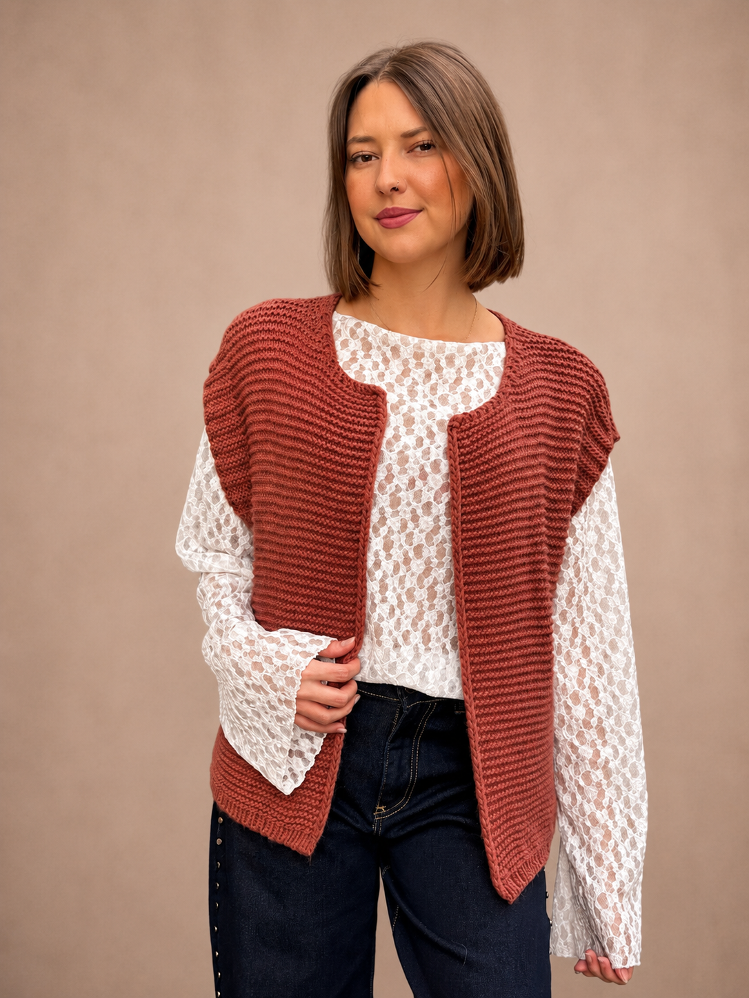 gilet sans manches tendance pour femme en crochet terracotta