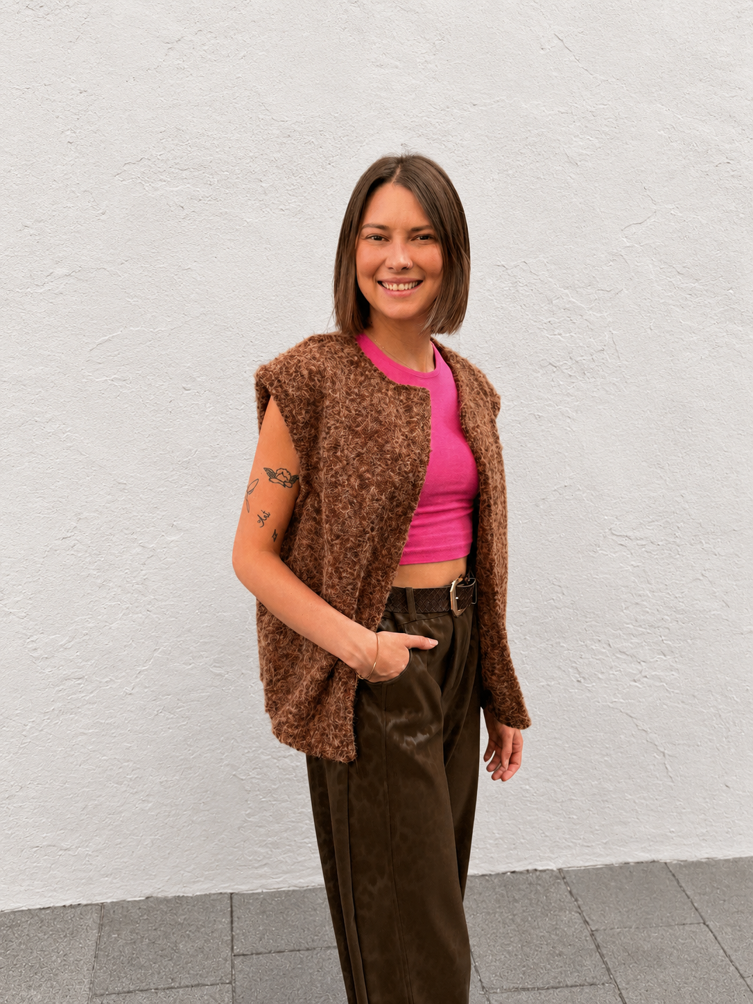 gilet duveteux sans manches marron tendance pour femme
