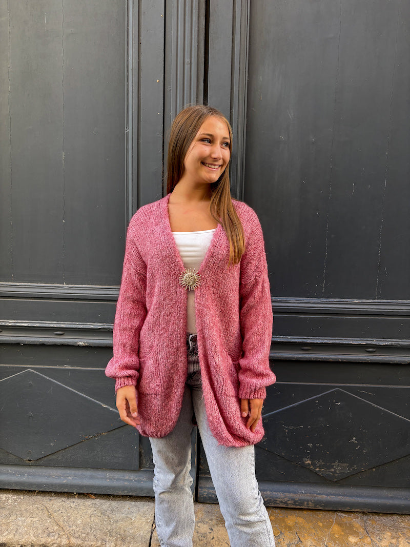 Gilet laine long en maille rose