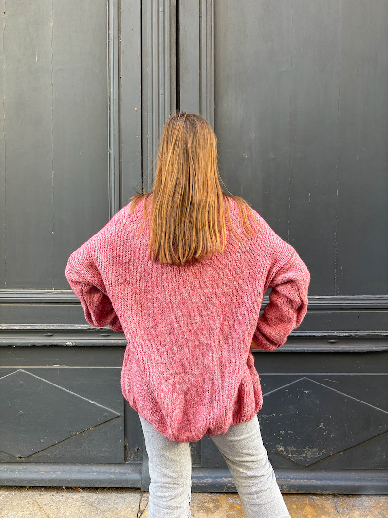 Gilet laine long en maille rose