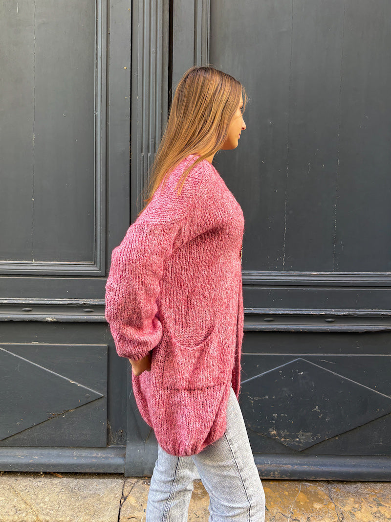 Gilet laine long en maille rose