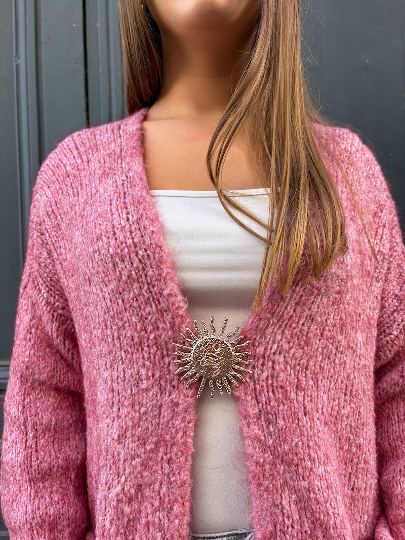 Gilet laine long en maille rose