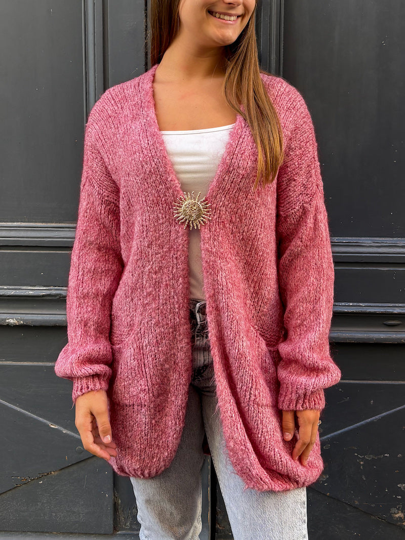 Gilet laine long en maille rose