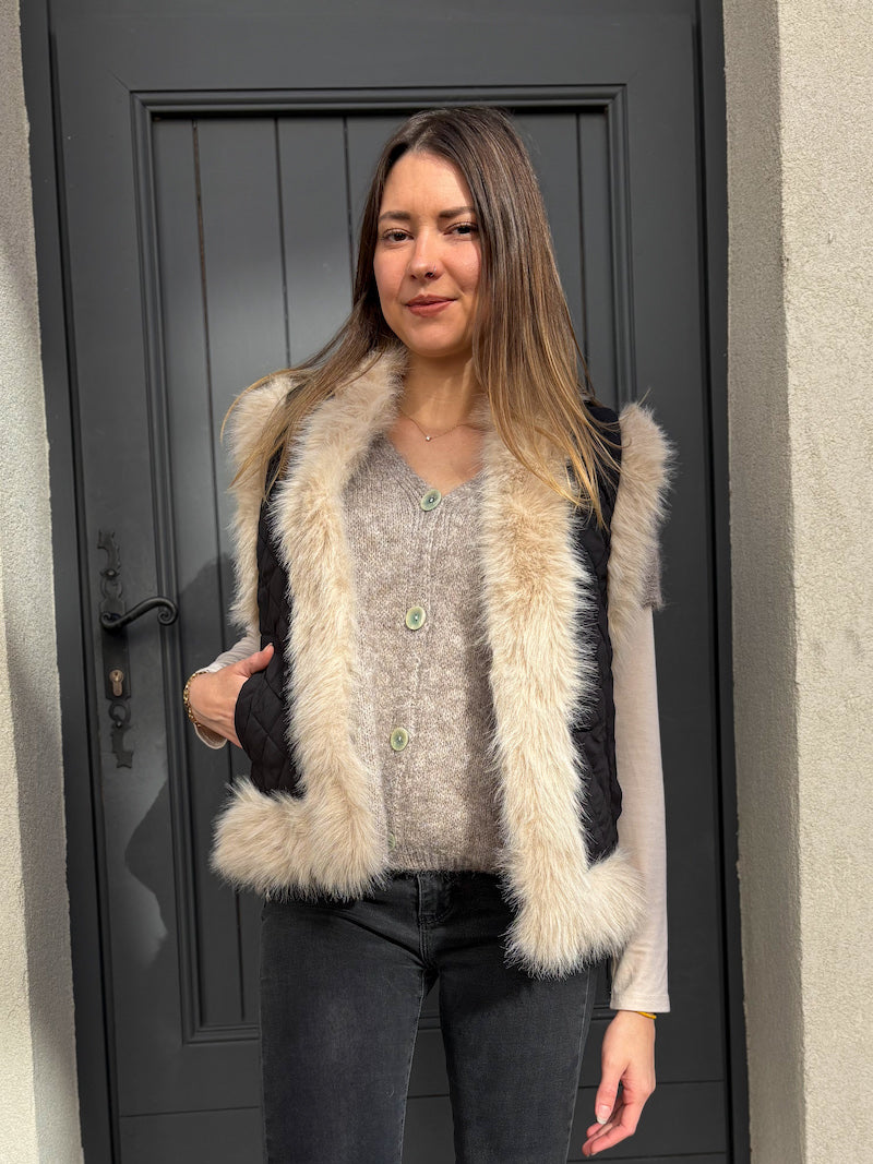 Gilet doudoune sans manches en fausse fourrure – Noir et beige