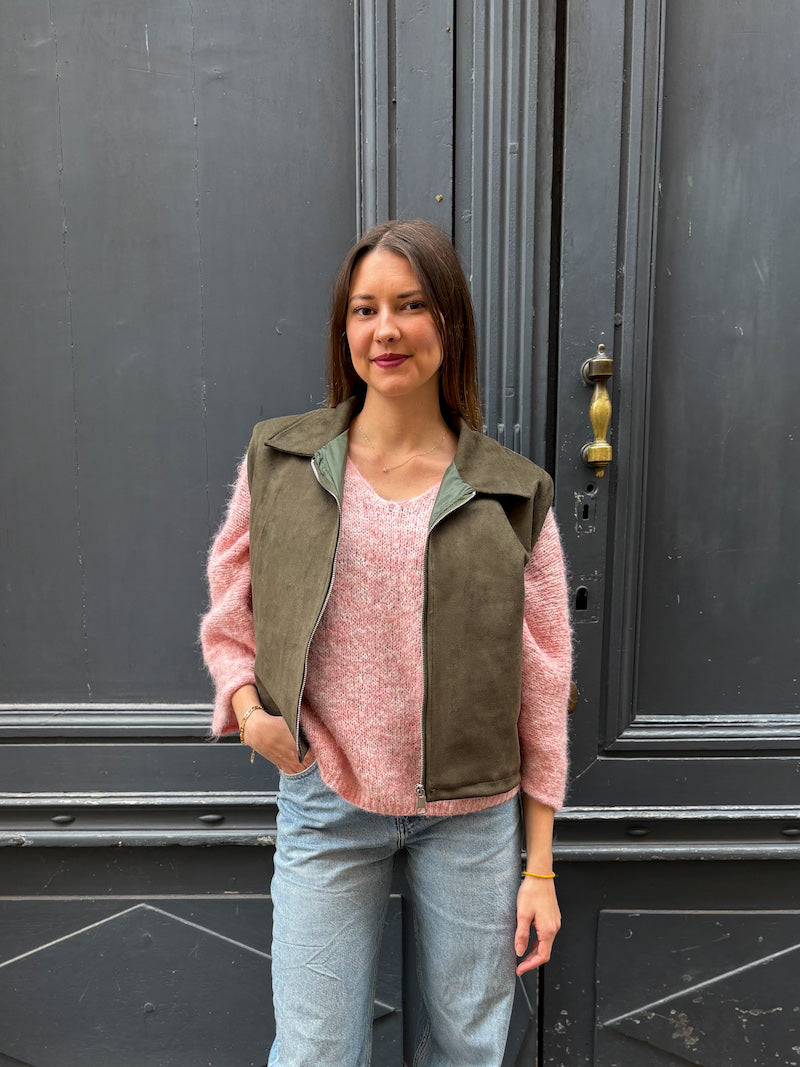 Gilet kaki sans manches en suédine