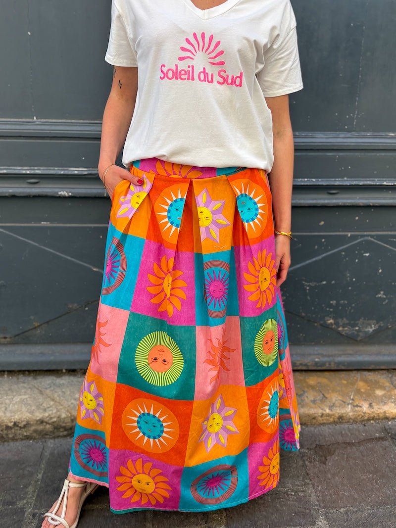Jupe longue fluide à motif boho-chic soleil