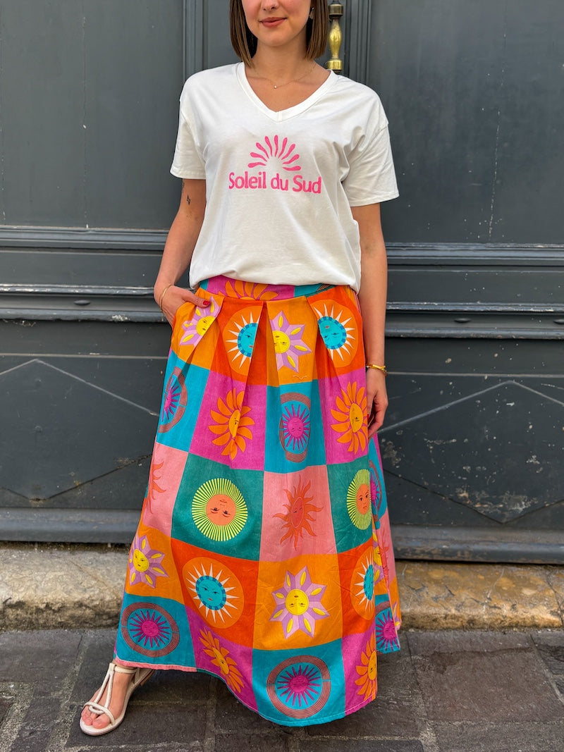 Jupe longue fluide à motif boho-chic soleil