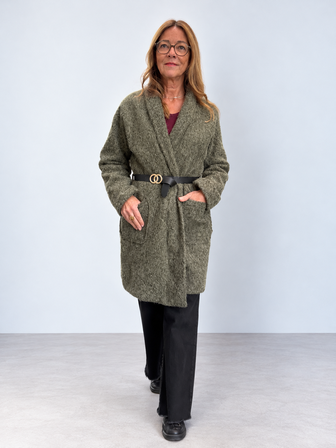 Manteau duveteux mi-long tendance pour femme