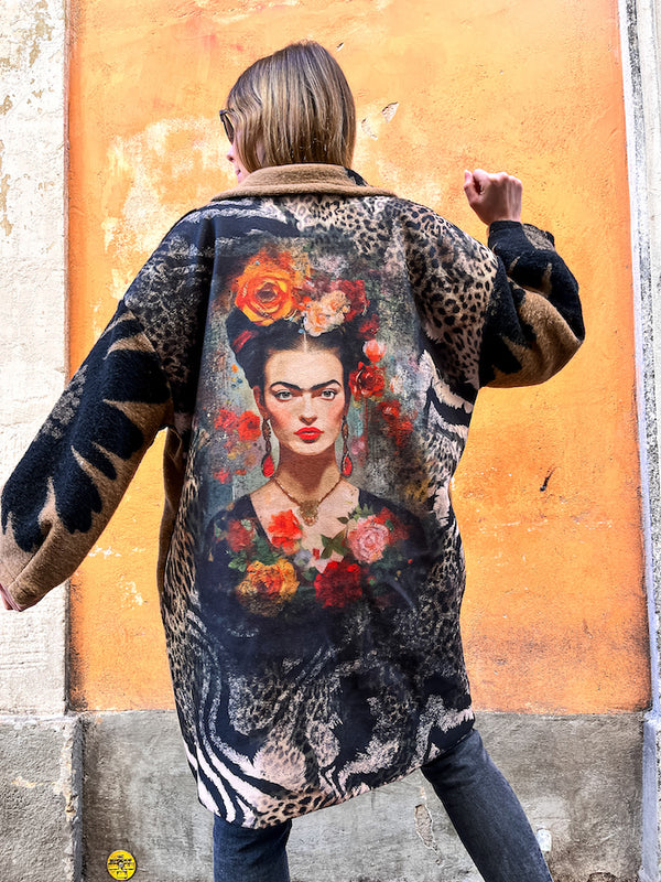 Manteau en laine à fleurs marron et noir Frida Kahlo