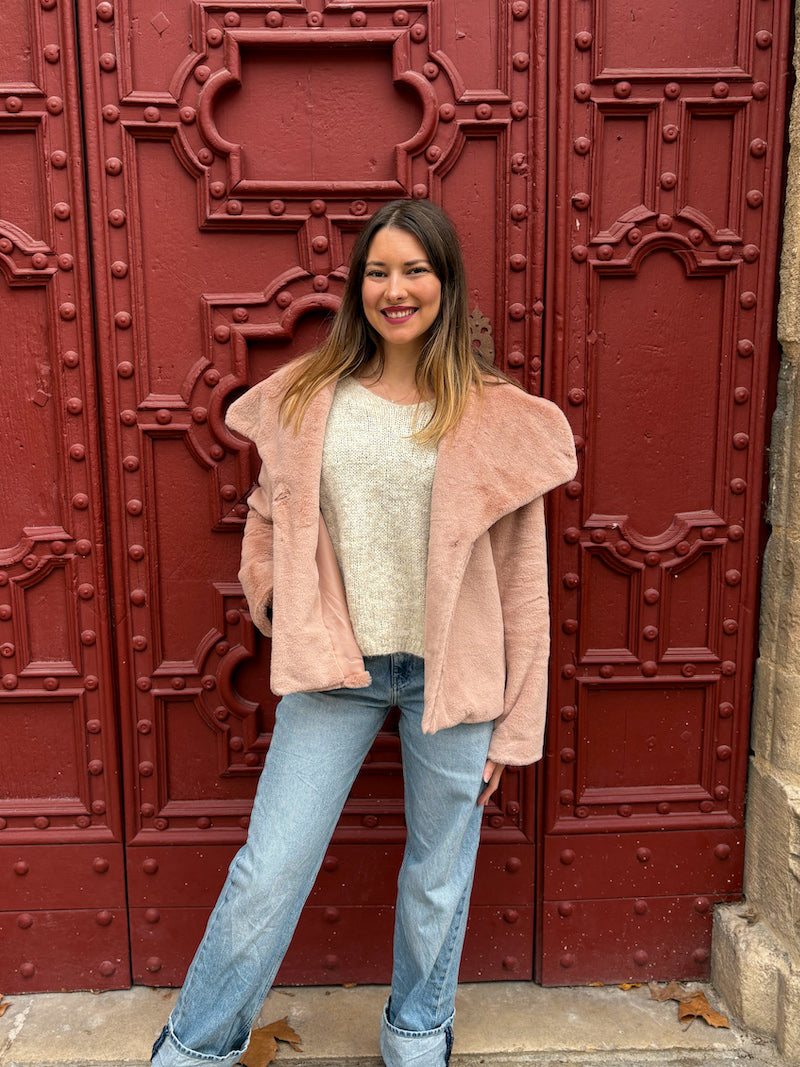 Manteau femme en fausse fourrure rose pâle – Style chic et doux