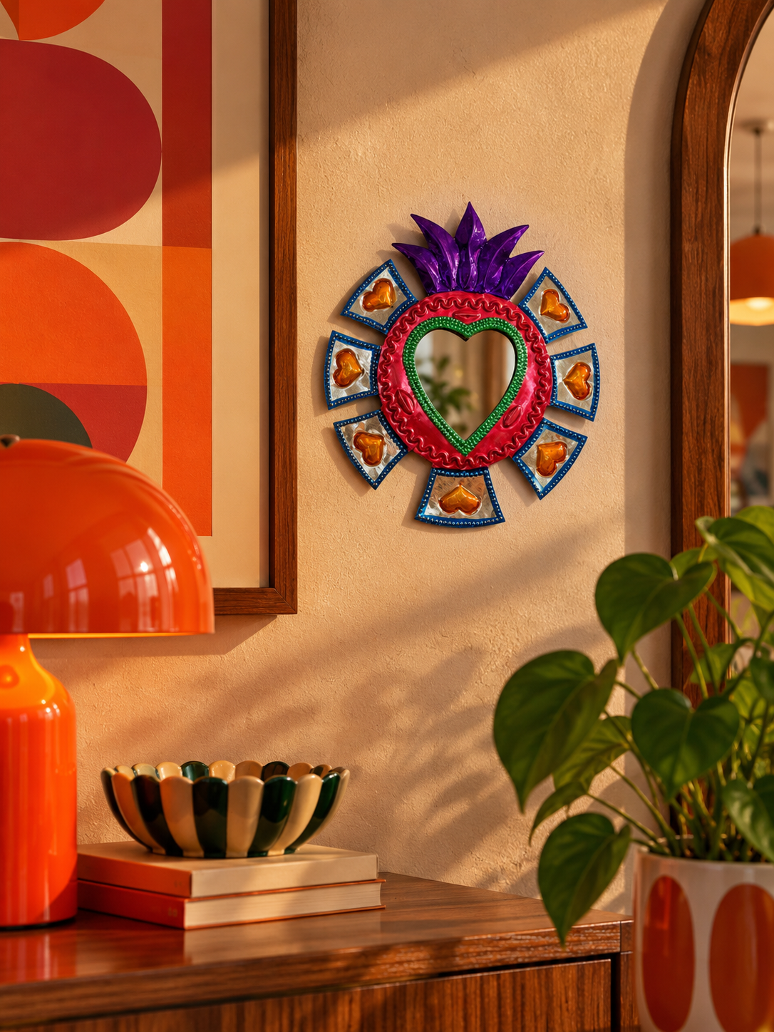 Ex-voto miroir Sacré-Cœur coloré en métal gaufré — Style Milagros